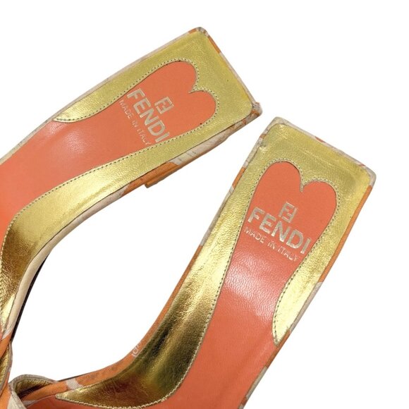 FENDI Vintage FF Logo Sandals Block Heels #36.5 Orange Gold Canvas [106216] - Picture 10 of 11